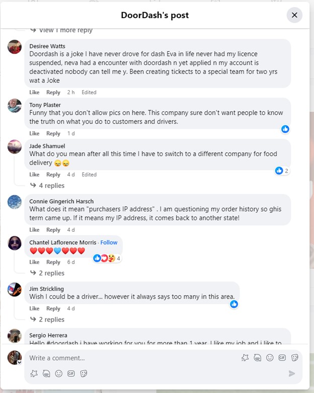 doordash facebook page post comments
